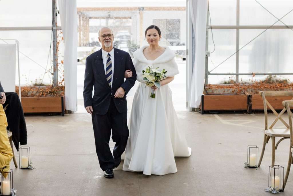 Bride entering with father at The Ivy House, Kalamazoo wedding photographer