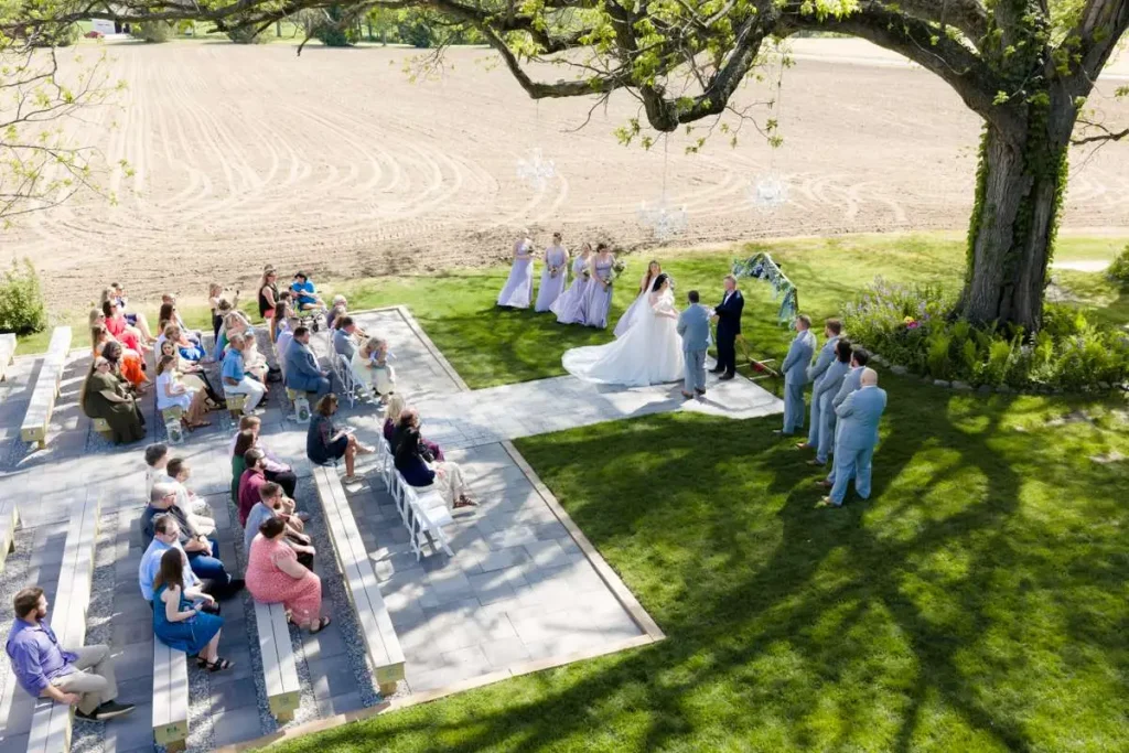 Drone photo of ceremony at The Vintage Rose Barn