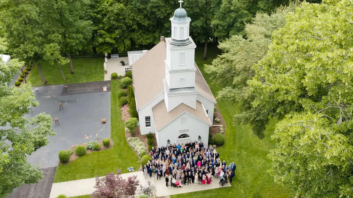 drone image of little white chapel at Morris Estate