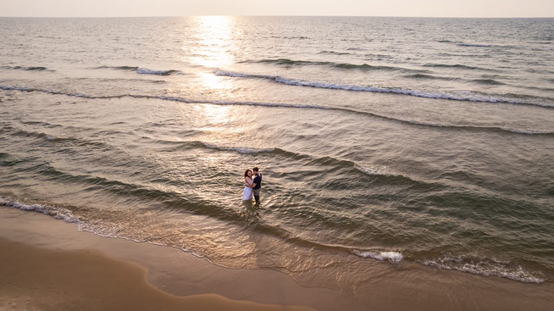 Engagement drone photo along Lake Michigan