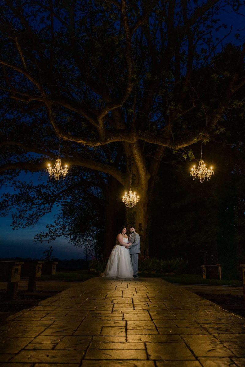 Night image under tree with chandeliers - Kalamazoo wedding photographer