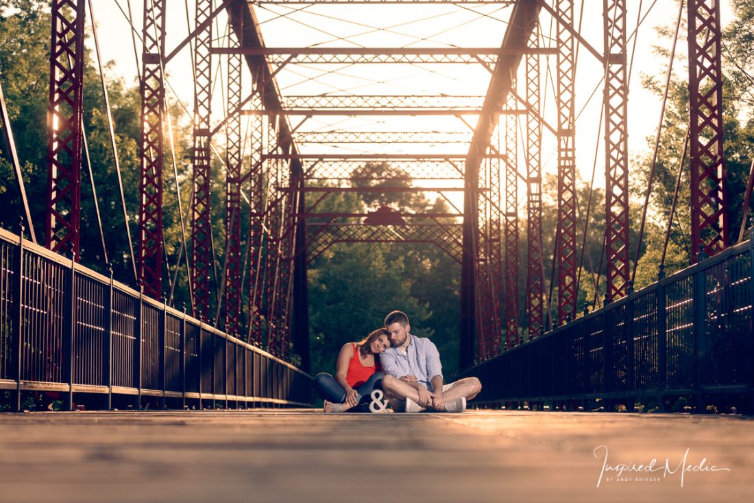 Engagement photos at Historic Bridge Park in Battle Creek. Golden Hour.